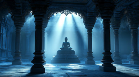 A breathtaking view of a Buddha statue in a majestic temple, illuminated by soft rays of light, creating a serene and tranquil atmosphere perfect for meditation.の素材