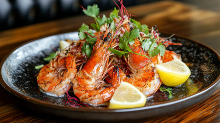 A beautifully arranged plate of grilled large shrimp garnished with fresh herbs and lemon slices. Perfect for seafood lovers seeking a vibrant dining experience.の素材