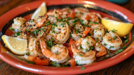 This vibrant dish features perfectly grilled shrimp garnished with fresh herbs and lemon slices, offering a delightful flavor for seafood lovers. Enjoy!の素材