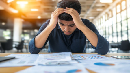 A young man shows signs of stress while reviewing financial documents at his office desk. His furrowed brow and clenched hands reflect the challenges of managing business metrics.の素材