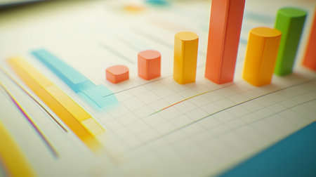 This vibrant 3D bar graph showcases colorful elements on a grid background, perfect for visualizing data, analyzing performance, and enhancing business presentations.の素材