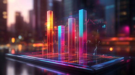A vibrant data visualization featuring colorful rising graphs against a modern city landscape. This artistic representation captures the essence of data analysis in a digital age.の素材