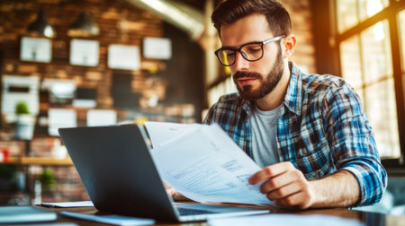 A young man in casual attire focuses on his laptop while reviewing papers in a modern office space. The scene captures a blend of productivity and creativity amid a stylish interior.の素材
