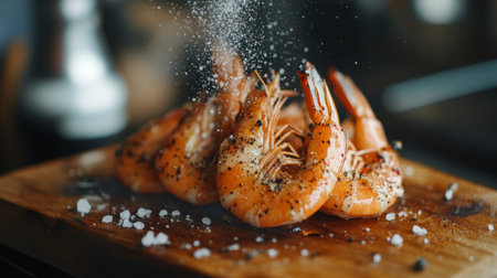 Enjoy the vibrant presentation of seasoned grilled shrimp resting on a wooden cutting board. Perfect for culinary photography and food styling.の素材
