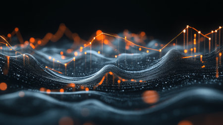 Captivating abstract representation of data waves with glowing particles. Suitable for technology, analytics, or futuristic concepts in design projects.の素材