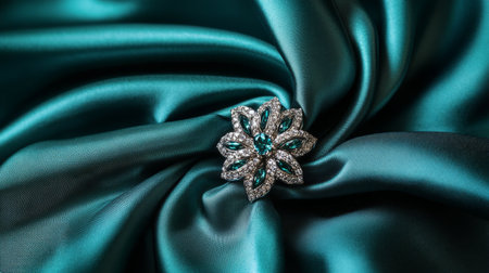 This stunning floral brooch, adorned with sparkling gemstones, rests gracefully on a soft teal satin fabric, showcasing elegance and sophistication in every detail.の素材
