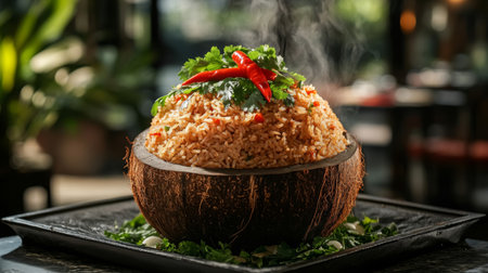 A vibrant coconut bowl filled with spicy fried rice, garnished with fresh herbs and chilies, creating an aromatic and colorful dining experience.の素材