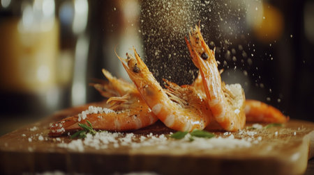 Delicate shrimp are artfully seasoned with sea salt on a rustic wooden cutting board. This vibrant display showcases the freshness and flavor ready for a delicious meal.の素材