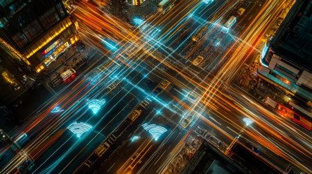 A vibrant aerial view of a busy urban intersection at night, showcasing flowing light trails from moving vehicles. The city shines with energy.の素材