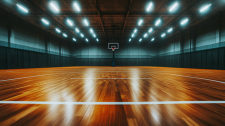 A spacious indoor basketball court featuring a polished wooden floor and bright lighting. Perfect for showcasing sports events, training sessions, and active lifestyles.の素材