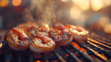 Juicy shrimp grilled to perfection, creating an appetizing smoky flavor. Perfect for summer gatherings, picnics, or outdoor dining experiences.の素材