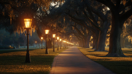 A tranquil tree-lined pathway illuminated by vintage lanterns at dusk. The scene captures the serene beauty of nature, inviting evening strolls under majestic branches.の素材