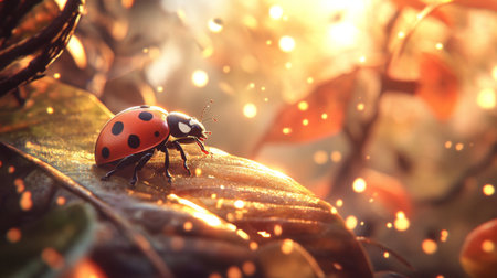 A charming close-up view of a ladybug perched on vibrant leaves, illuminated by soft sunlight creating a magical bokeh effect, capturing the essence of nature.の素材