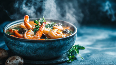 Indulge in a delicious seafood soup featuring fresh shrimp, vibrant vegetables, and aromatic herbs, perfect for a cozy meal and culinary inspiration.の素材