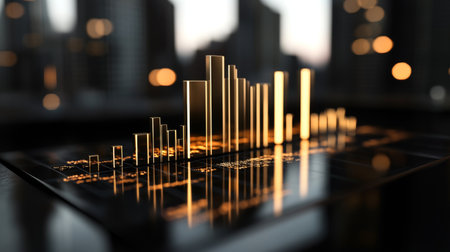 A stunning 3D bar graph visualization sits in the foreground, surrounded by a blurred cityscape, highlighting data analytics with an artistic touch.の素材