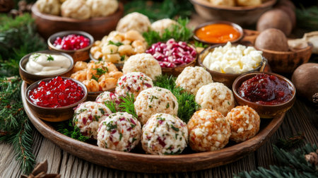 A vibrant assortment of cheese balls and dips artfully arranged on a rustic wooden platter, perfect for festive gatherings and culinary celebrations.の素材