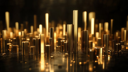 An artistic representation of golden bars rising in an abstract 3D space. The soft light effects create a captivating visual that evokes elegance and luxury.の素材