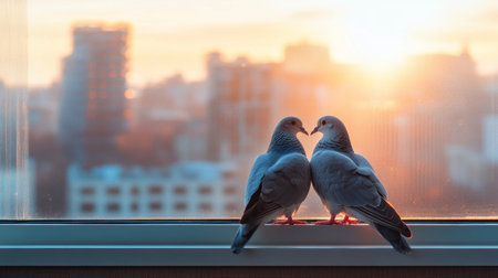 Two pigeons share a tender moment on a window sill at sunset, symbolizing love and connection amid an urban backdrop. The soft light enhances the serene atmosphere.の素材