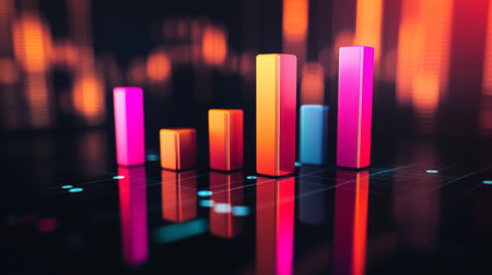 A vibrant and modern 3D bar graph visualizing data trends and performance metrics. The colorful bars reflect light, creating an engaging and futuristic look.の素材
