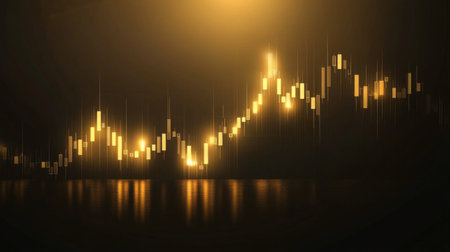 Dynamic abstract representation of a stock market chart showing fluctuations with golden glows and reflections, ideal for finance-related themes.の素材