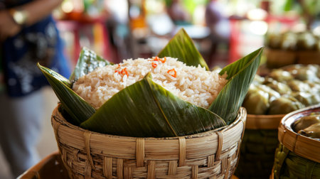 An inviting display of freshly cooked rice in a bamboo basket, garnished with green leaves and red chili, perfect for culinary delights and festive occasions.の素材