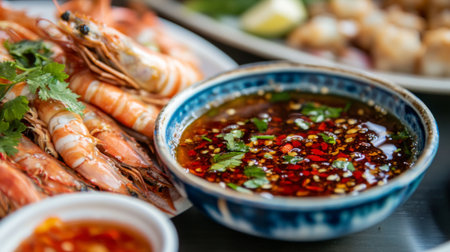 A vibrant arrangement of fresh shrimp accompanied by a spicy dipping sauce garnished with herbs. Perfect for seafood lovers. Ideal for food photography and culinary projects.の素材