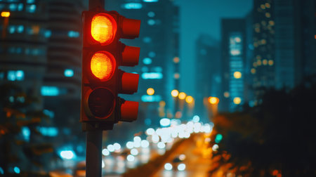 A vivid urban scene capturing a red traffic light at night, set against a blurred city skyline. The image conveys the essence of urban life and transportation safety.の素材
