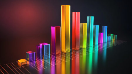This vibrant 3D bar graph showcases colorful bars against a gradient background, perfect for representing data analysis, metrics, and technological insights.の素材