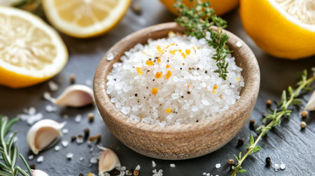 Delight in this stunning arrangement of fresh sea salt, herbs, and lemons, showcasing vibrant colors and textures ideal for culinary inspirations.の素材