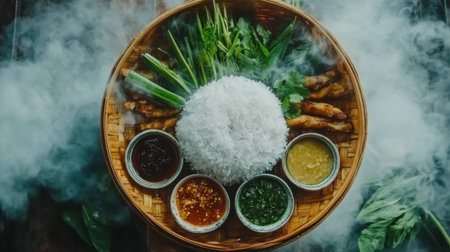 A beautiful arrangement of traditional Asian cuisine featuring fluffy rice, fresh herbs, savory dipping sauces, and a hint of smoke for a delightful dining experience.の素材
