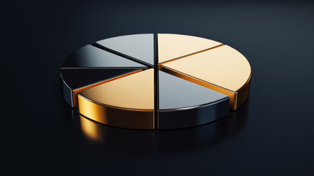 This striking 3D representation of a pie chart features gold and black segments, set against a dark background. Ideal for business and financial presentations.の素材