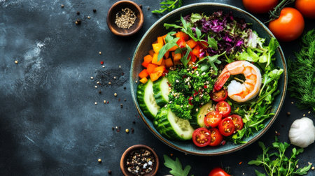 A vibrant salad featuring fresh shrimp, cucumbers, and colorful vegetables arranged beautifully on a dark surface. Perfect for healthy dining or culinary presentations.の素材