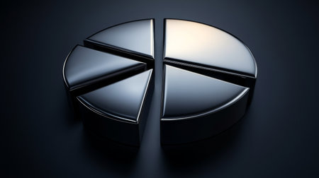 A shiny black metallic pie chart illustrates segmented distribution, ideal for visualizing data in modern business presentations or reports.の素材