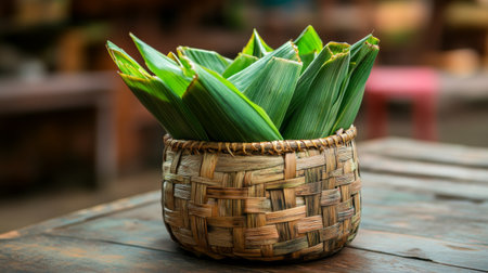 A woven basket filled with freshly harvested green leaves, showcasing the beauty of nature's bounty. Perfect for rustic decor or culinary use.の素材