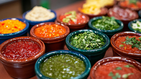 A vibrant collection of assorted salsas and dips in clay bowls showcases fresh ingredients, colors, and textures, perfect for any party or gathering.の素材