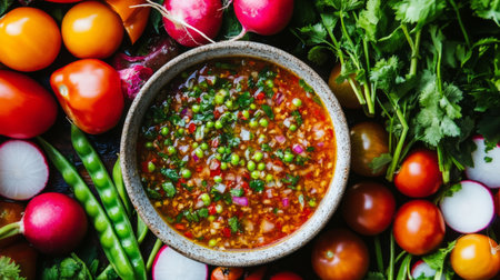 A vibrant bowl of fresh salsa made with colorful vegetables and herbs, showcasing the perfect blend of flavors for a delicious and healthy dish.の素材