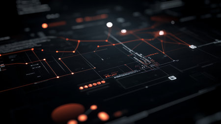 This image showcases an abstract digital interface with intricate lines and circles against a dark background, emphasizing technology and modern design elements.の素材