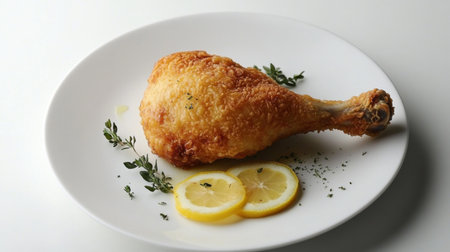A delectable crispy fried chicken drumstick served on a white plate, garnished with lemon slices and fresh thyme, making it an inviting meal option.の素材