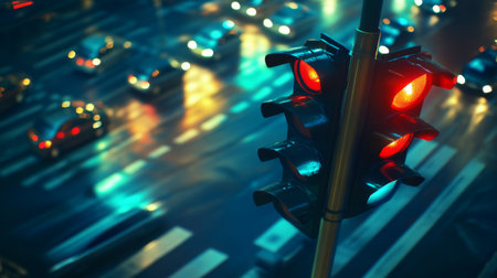 A captivating urban night scene featuring a red traffic light, surrounded by the vibrant motion of blurred car lights on a busy road, creating a dynamic atmosphere.の素材