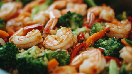 This vibrant dish features succulent shrimp stir-fried with fresh broccoli and bell peppers, showcasing a perfect blend of colors and flavors. Ideal for a healthy meal.の素材
