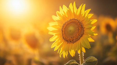 A stunning close-up of a vibrant sunflower during golden hour, radiating warmth and beauty. The soft sunlight highlights the intricate petals, creating a serene atmosphere.の素材