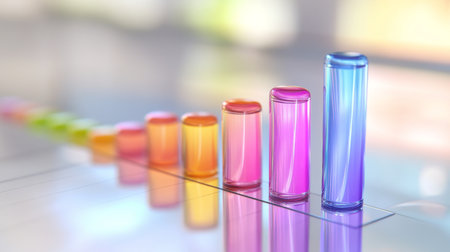 A vibrant arrangement of colorful cylindrical glasses with smooth gradients, reflecting light beautifully in a bright and modern environment. Perfect for artistic designs.の素材