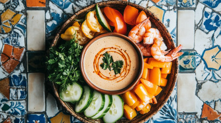 An appealing colorful vegetable platter featuring fresh shrimp and a smooth dipping sauce. Perfect for a healthy meal or vibrant appetizer display.の素材