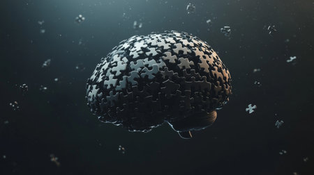 Explore the abstract representation of a brain composed of puzzle pieces, symbolizing creativity and intellect in a dark and mysterious environment.の素材