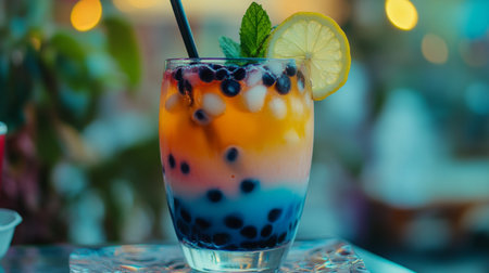 A vibrant drink featuring colorful layers and bubbles, topped with mint and a lemon slice. Ideal for summer gatherings and celebrations.の素材