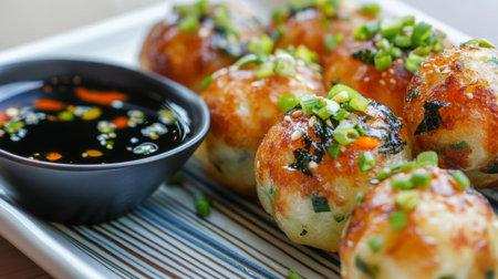 Explore the delightful taste of takoyaki, Japanese savory balls, topped with green onions and served with a rich soy sauce. Perfect for snack lovers.の素材