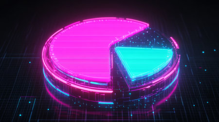 A striking neon digital pie chart with glowing edges set against a dark background. This graphic represents data analysis and technology, ideal for presentations.の素材