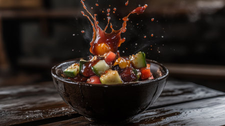 A vibrant bowl of fresh vegetable salad captures a dynamic splash of dressing. The colorful ingredients combine for a healthy and appetizing meal.の素材