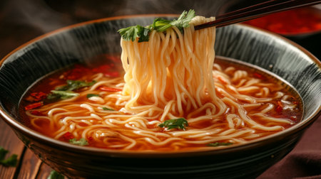 A mouthwatering bowl of noodles served with fresh herbs, steam rising to enhance the cozy atmosphere. Perfect for food lovers seeking comfort.の素材