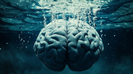 A surreal image of a human brain submerged in water, surrounded by rising bubbles, symbolizing depth and exploration of thoughts and creativity.の素材